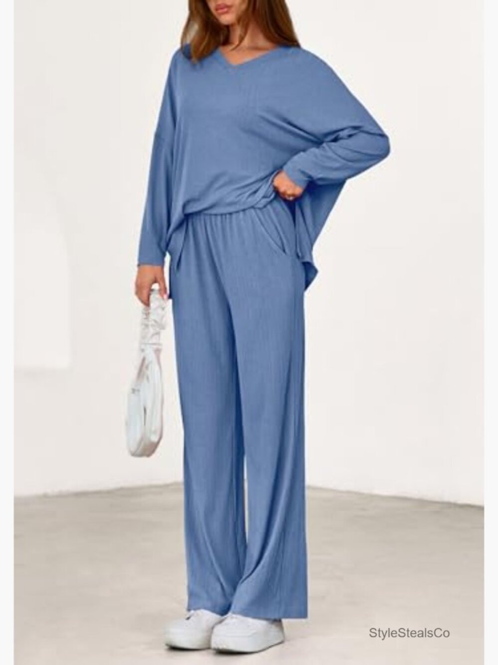 Women's Lounge Set with Soft Ribbed Knit Long Sleeve Top and Wide Leg Pants - Picture 3 of 7